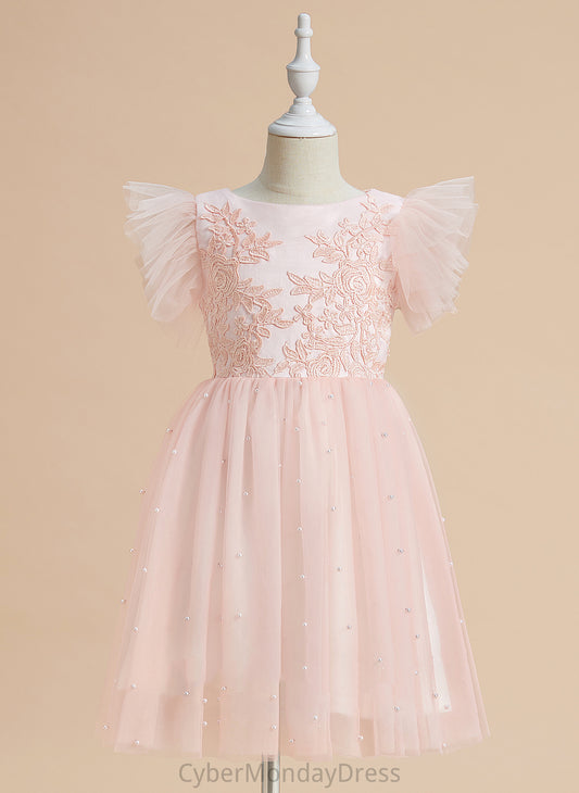 Flower Dress Knee-length Flower Girl Dresses - Girl A-Line Madison With Scoop Sleeveless Lace Neck Satin/Tulle