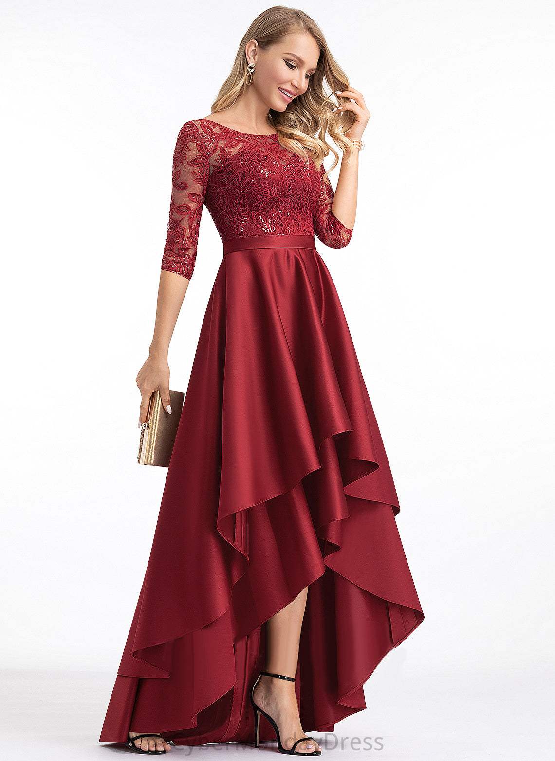 Marcia Neck Round Sequins Asymmetrical Lace 1/2 Satin Dresses Club Dresses Satin A-line Sleeves