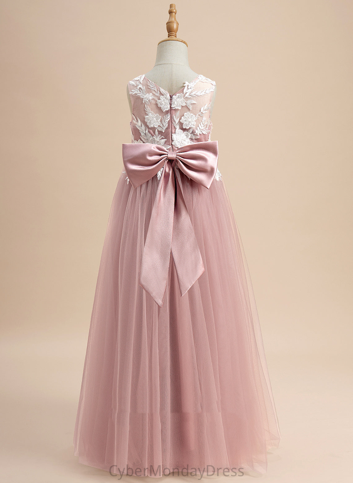 Tulle Sleeveless Flower - Girl Lace/Bow(s) A-Line V-neck With Floor-length Dress Flower Girl Dresses Juliet