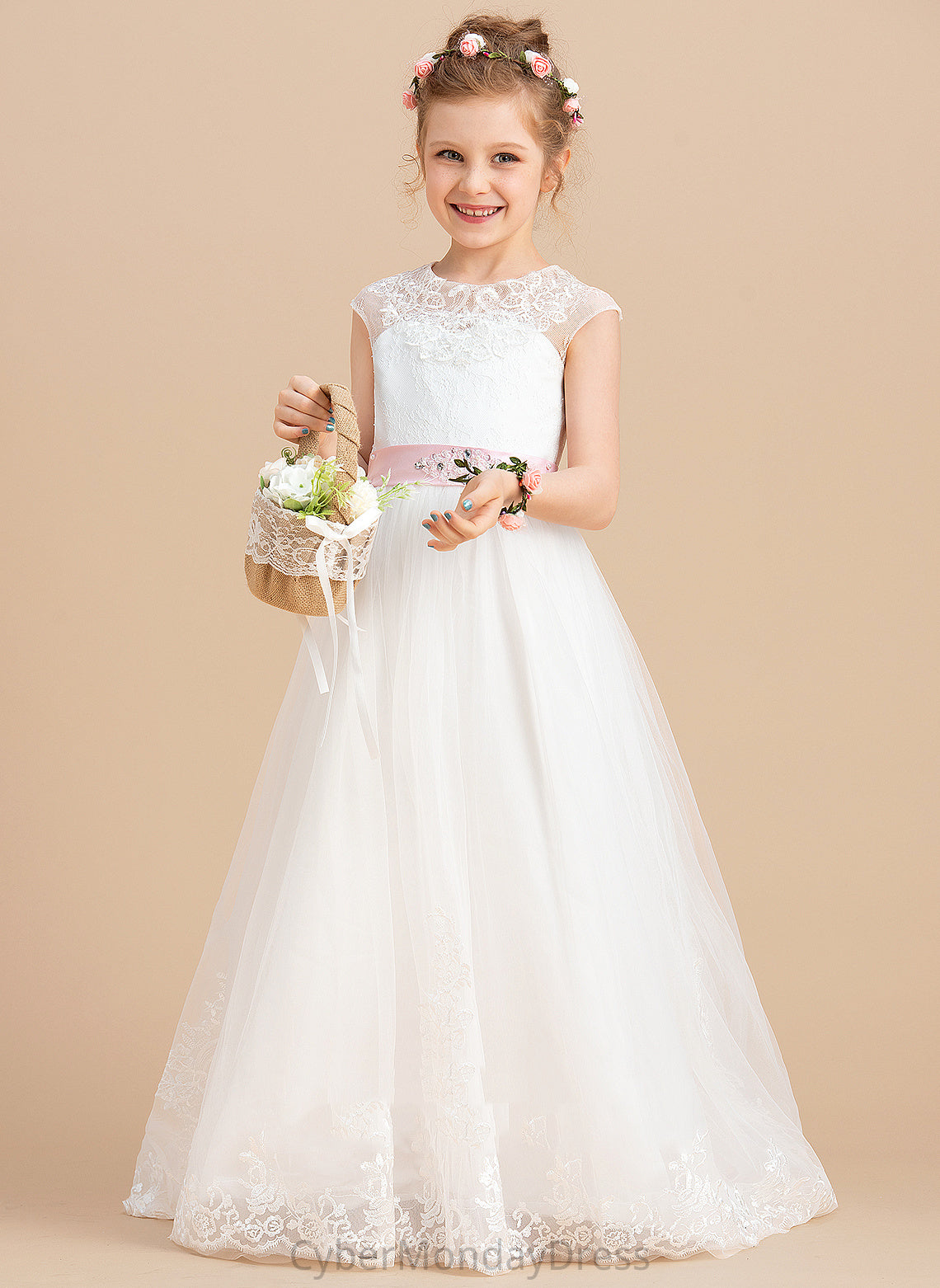 Neck With (Petticoat Flower Girl Dresses Floor-length Tulle/Lace Jode NOT Sleeveless Flower - Girl Ball-Gown/Princess Sash/Beading/Appliques/Bow(s) included) Scoop Dress