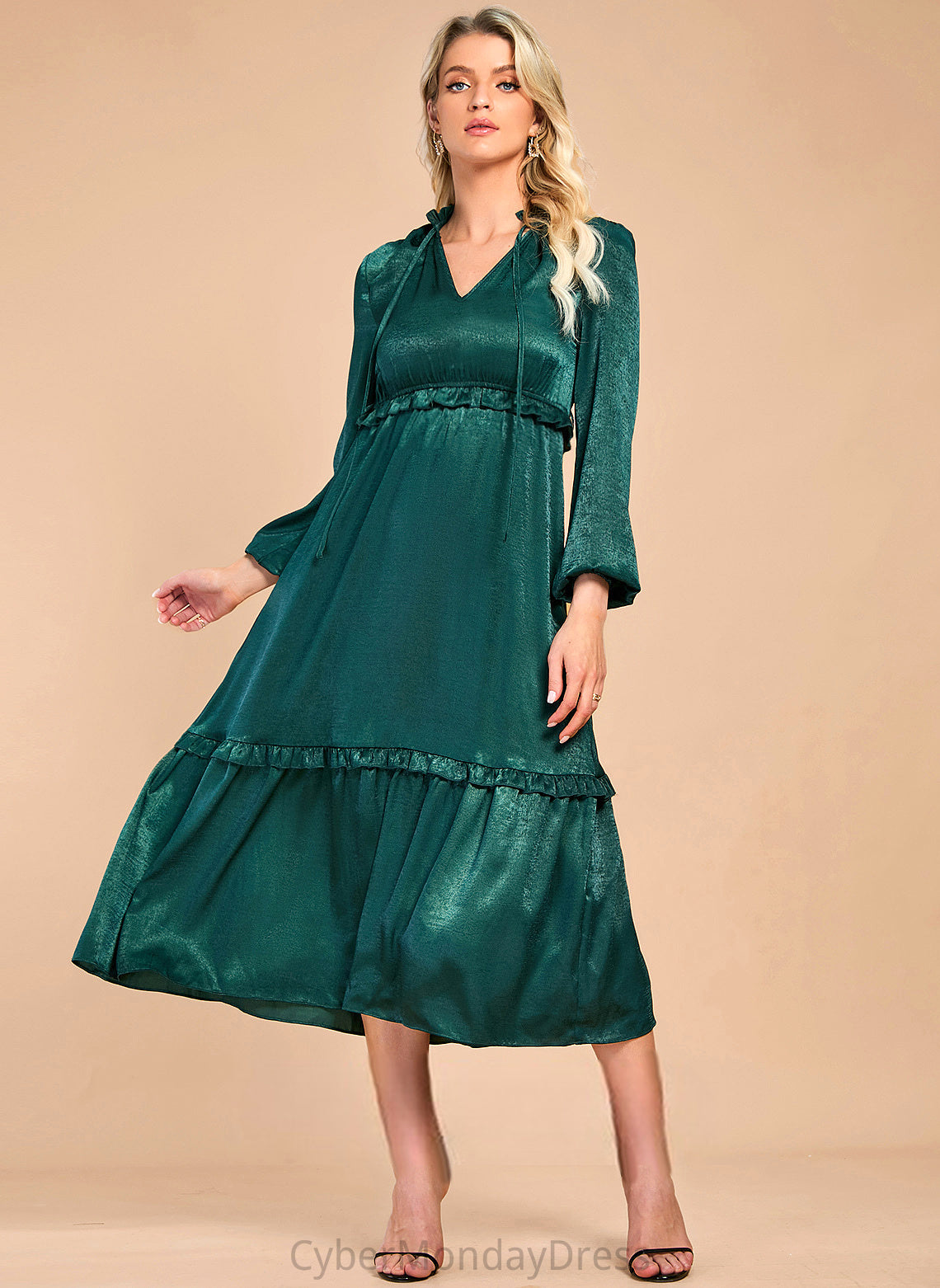 Sleeves Club Dresses V-Neck Liberty Long Midi A-line Dresses Satin Elegant