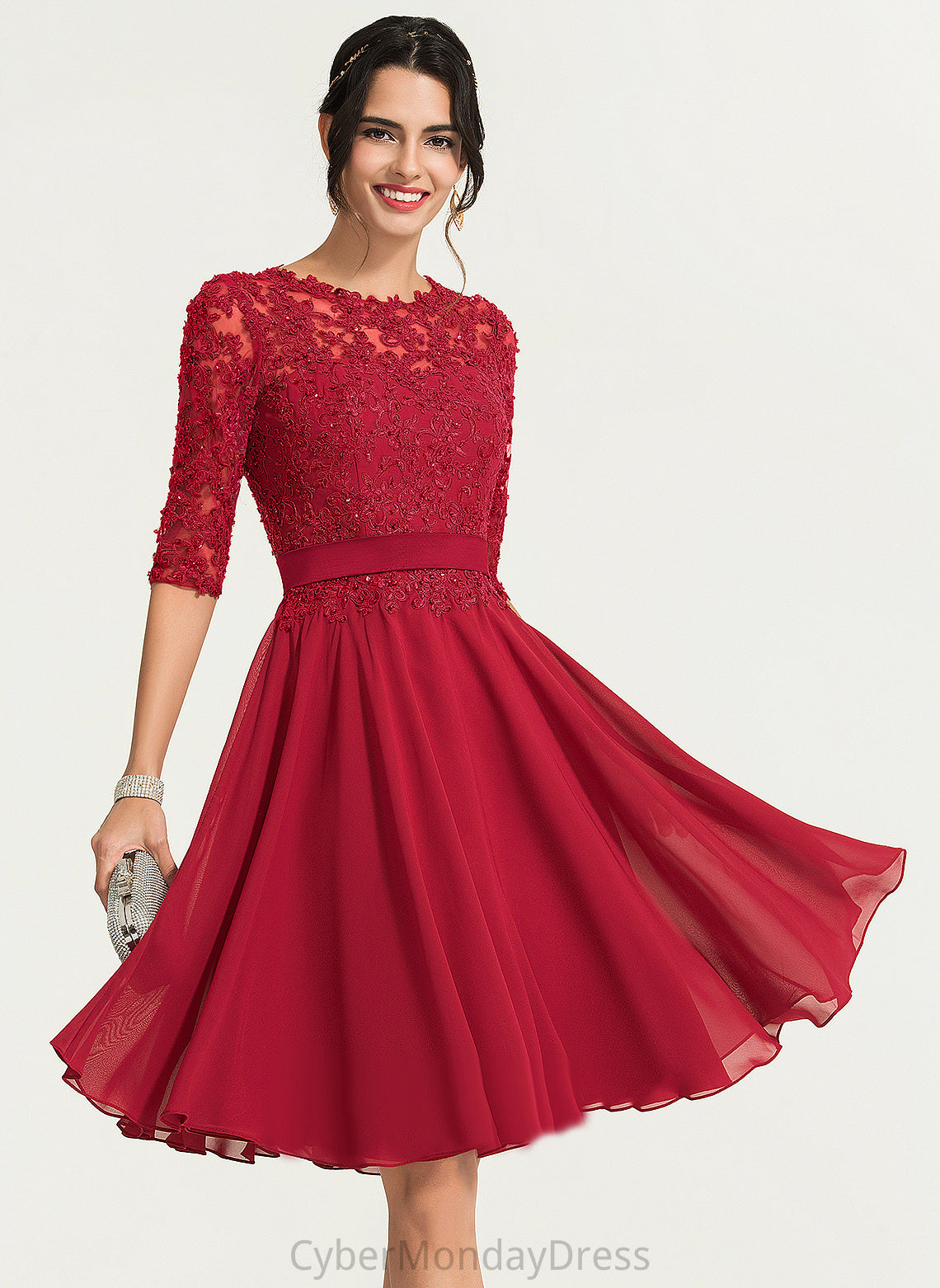 Knee-Length Cocktail Dresses Sherry Cocktail Lace A-Line Beading Dress Scoop Chiffon Neck With
