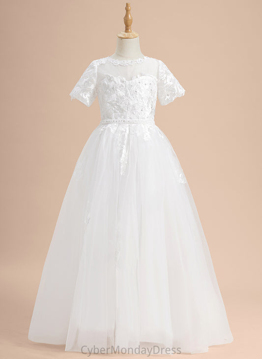 With Girl Flower Girl Dresses - Floor-length Ball-Gown/Princess Sleeves Tulle Mariela Scoop Dress Short Lace/Beading/Sequins Flower Neck