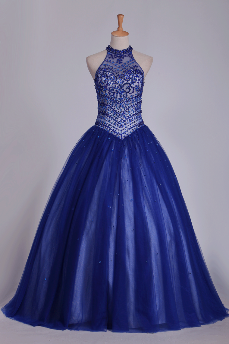 2022 Dark Royal Blue Halter Quinceanera Dresses Ball Gown Tulle With Beads & Rhinestones