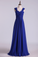 2022 Dark Royal Blue Prom Dresses A Line Straps Floor Length Chiffon Ruffled