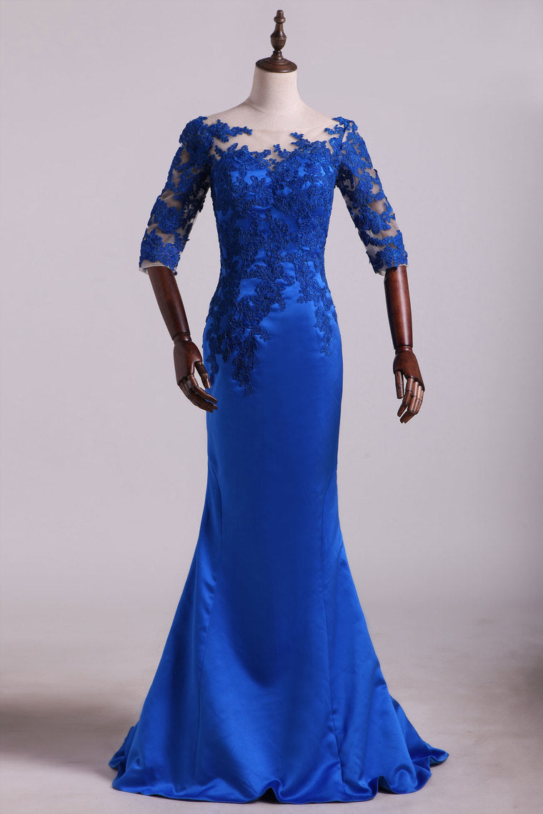 2022 Hot Bateau Dark Royal Blue Mother Of The Bride Dresses 3/4 Length Sleeve With Applique Satin