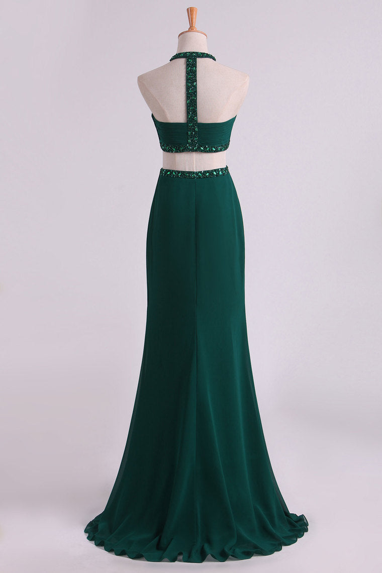 2024 Sexy Open Back Prom Dresses Scoop Chiffon With Ruffles And Beads