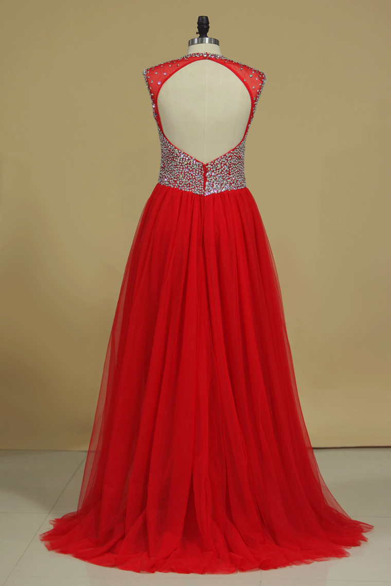 2022 V Neck Beaded Bodice Tulle Prom Dresses A Line Sweep Train