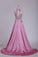 2022 Open Back Two Pieces High Neck Prom Dresses A Line Satin With Beading