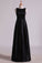 2022 Black A Line Evening Dresses  Cowl Neck Floor Length Satin With Sash