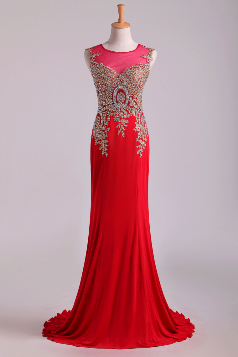 2024 Red Prom Dresses Scoop Mermaid Sweep Spandex With Applique Sleeveless