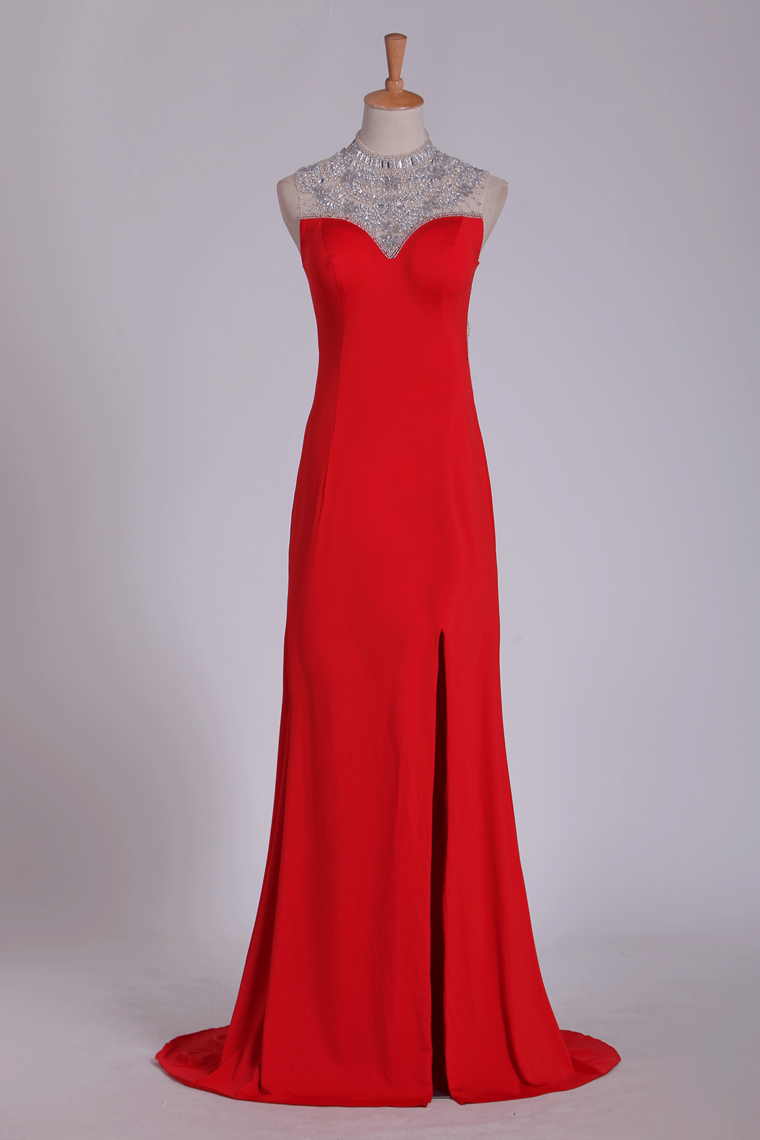 2022 Red High Neck Prom Dresses Sheath/Colum With Beading Sweep Train