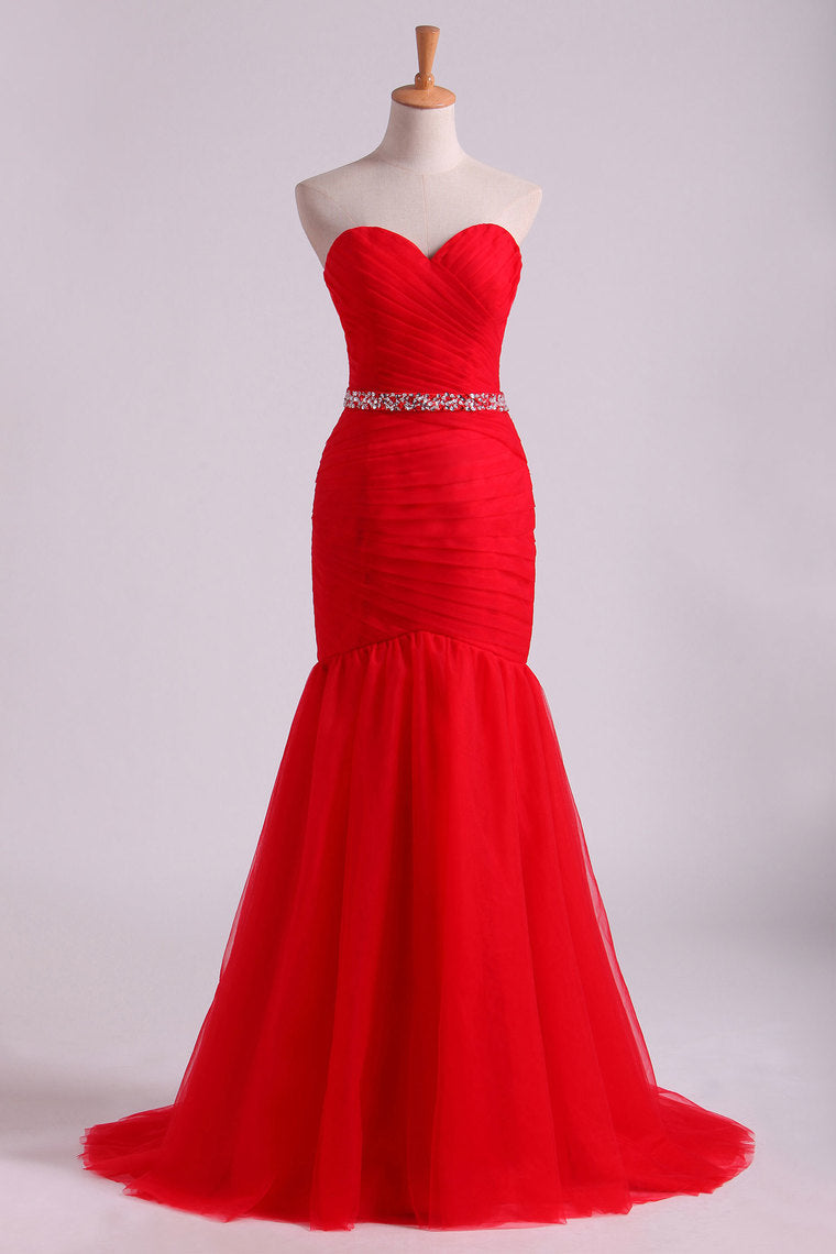 2024 Red Mermaid Sweetheart Floor Length Prom Dresses With Ruffles And Beading Tulle
