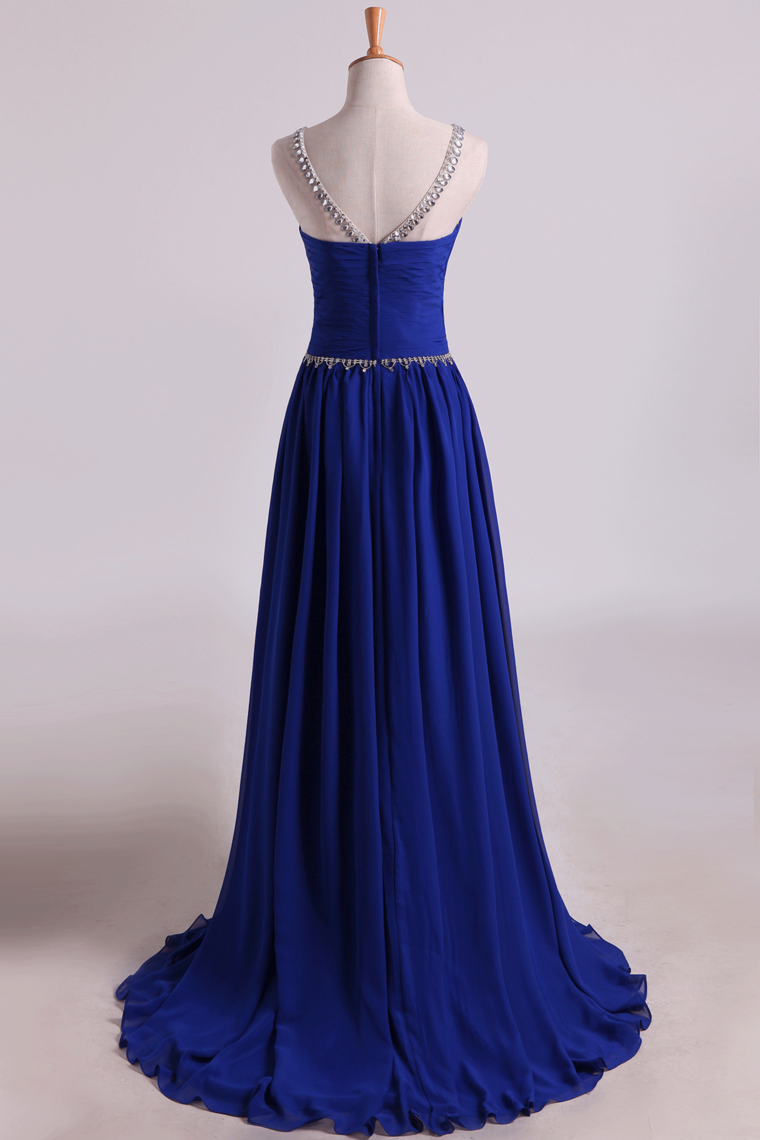 2024 Scoop Prom Dresses A Line Pleated Bodice Chiffon With Beads Dark Royal Blue