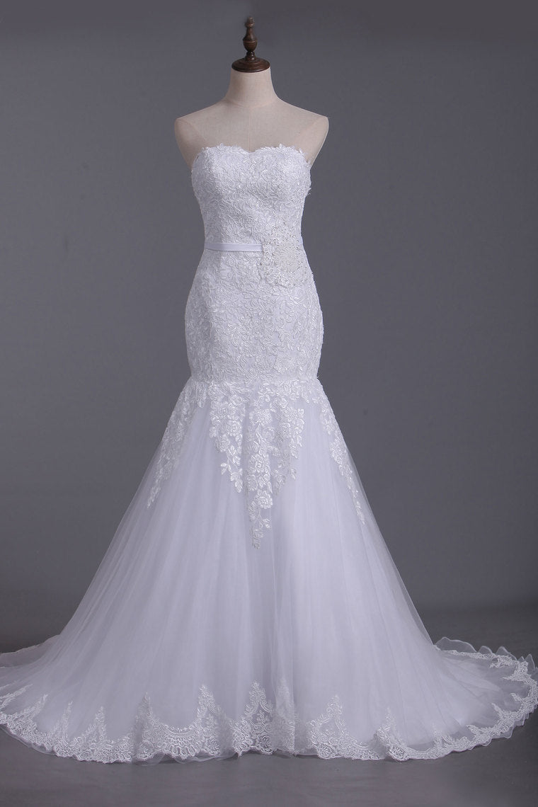 2022 White Sweetheart Wedding Dresses Tulle With Applique & Beads Mermaid/Trumpet