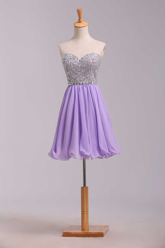 2022 Homecoming Dresses A Line Short/Mini Sweetheart Chiffon With Beads Color Lilac