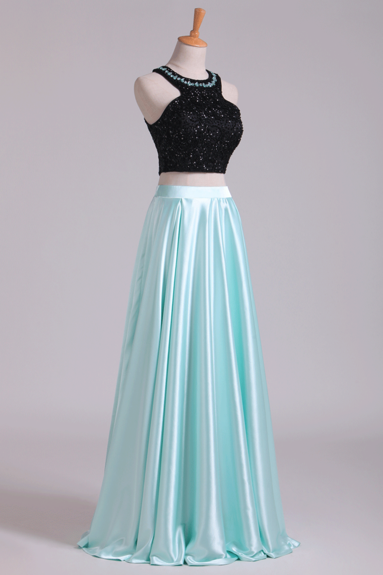2024 Prom Dresses A-Line Scoop Elastic Satin Two Pieces Black Bodice Backless Floor-Length