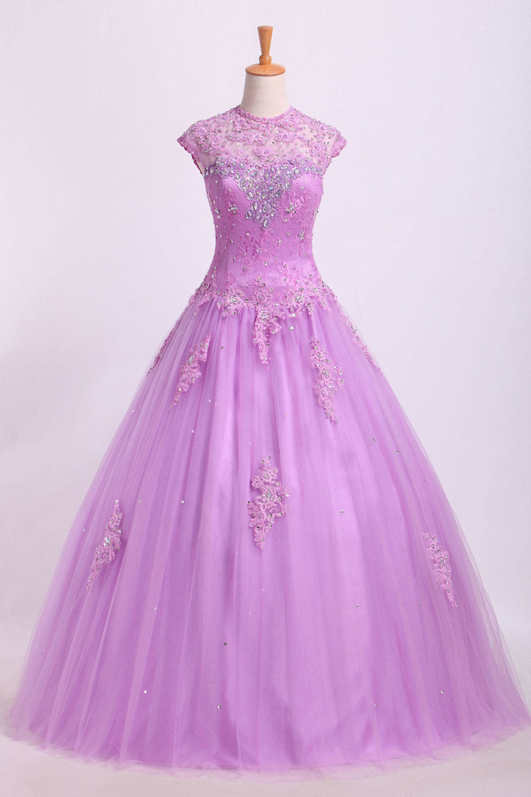2022 New Arrival Quinceanera Dresses Ball Gown Floor Length Tulle With Beadings&Applique