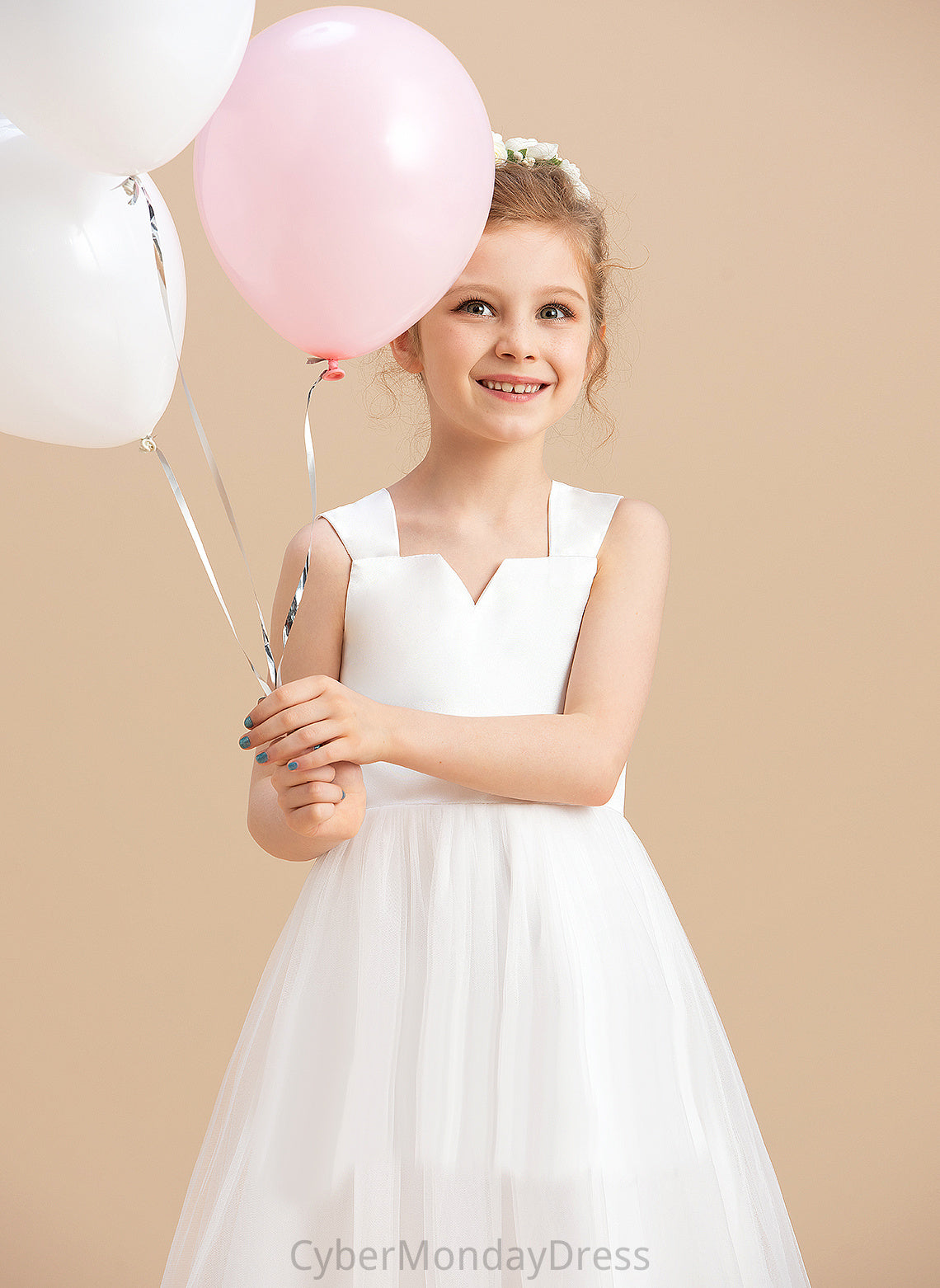 Girl - Neckline Satin/Tulle Gown Sleeveless Flower Ankle-length Dress Square Ball Rosa Flower Girl Dresses