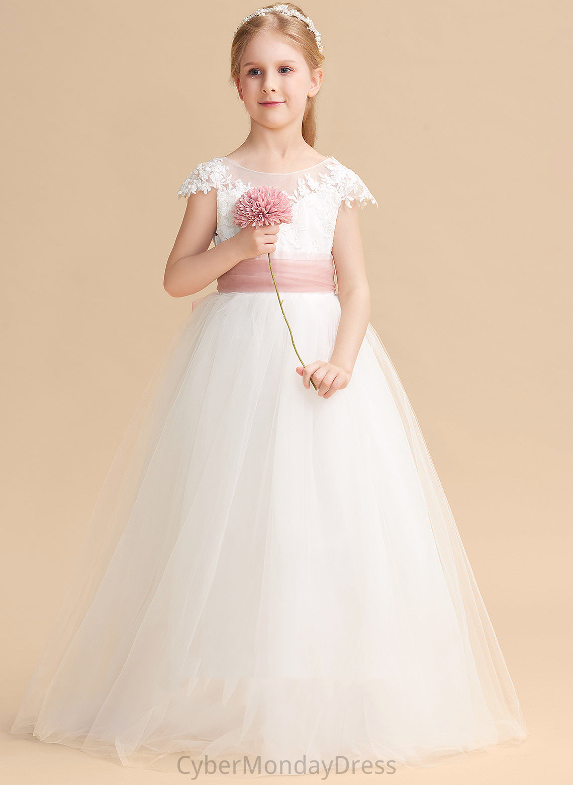Girl Sleeveless Lace/Sash Scoop Flower Teagan Lace - Dress With Ball-Gown/Princess Flower Girl Dresses Floor-length Neck