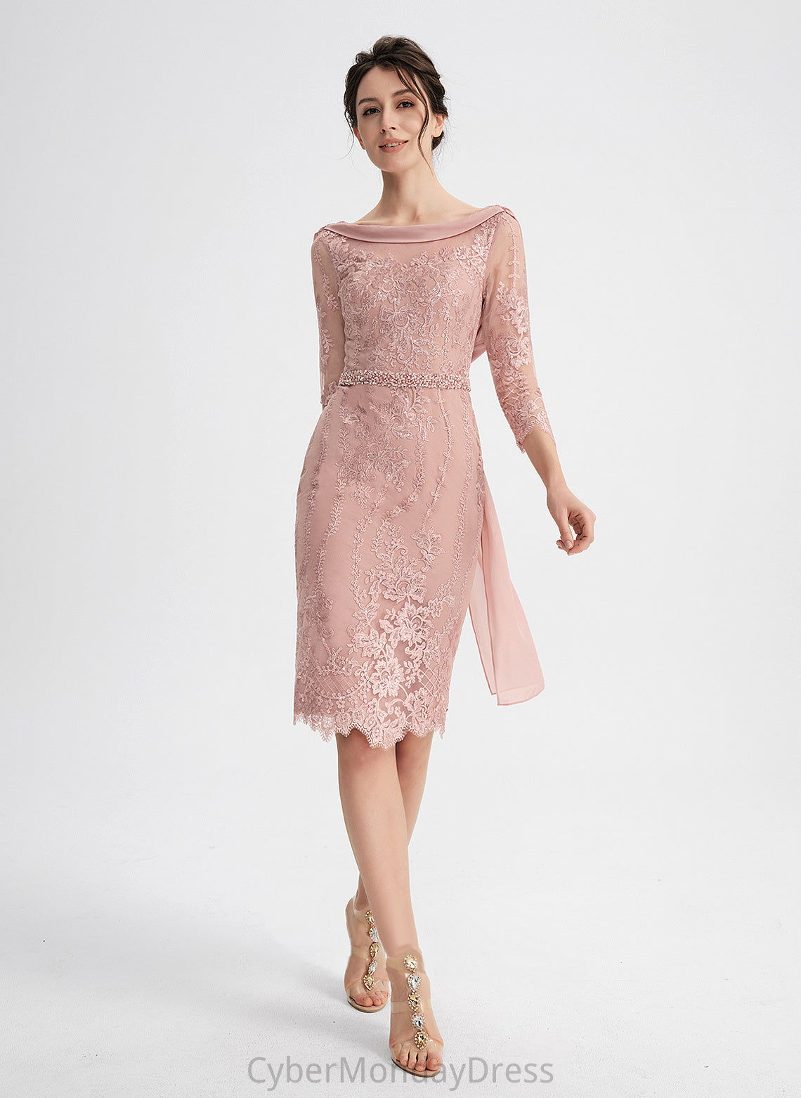 Cocktail Scoop Sheath/Column Dress Cocktail Dresses Neck Sequins Erika Lace Beading With Knee-Length
