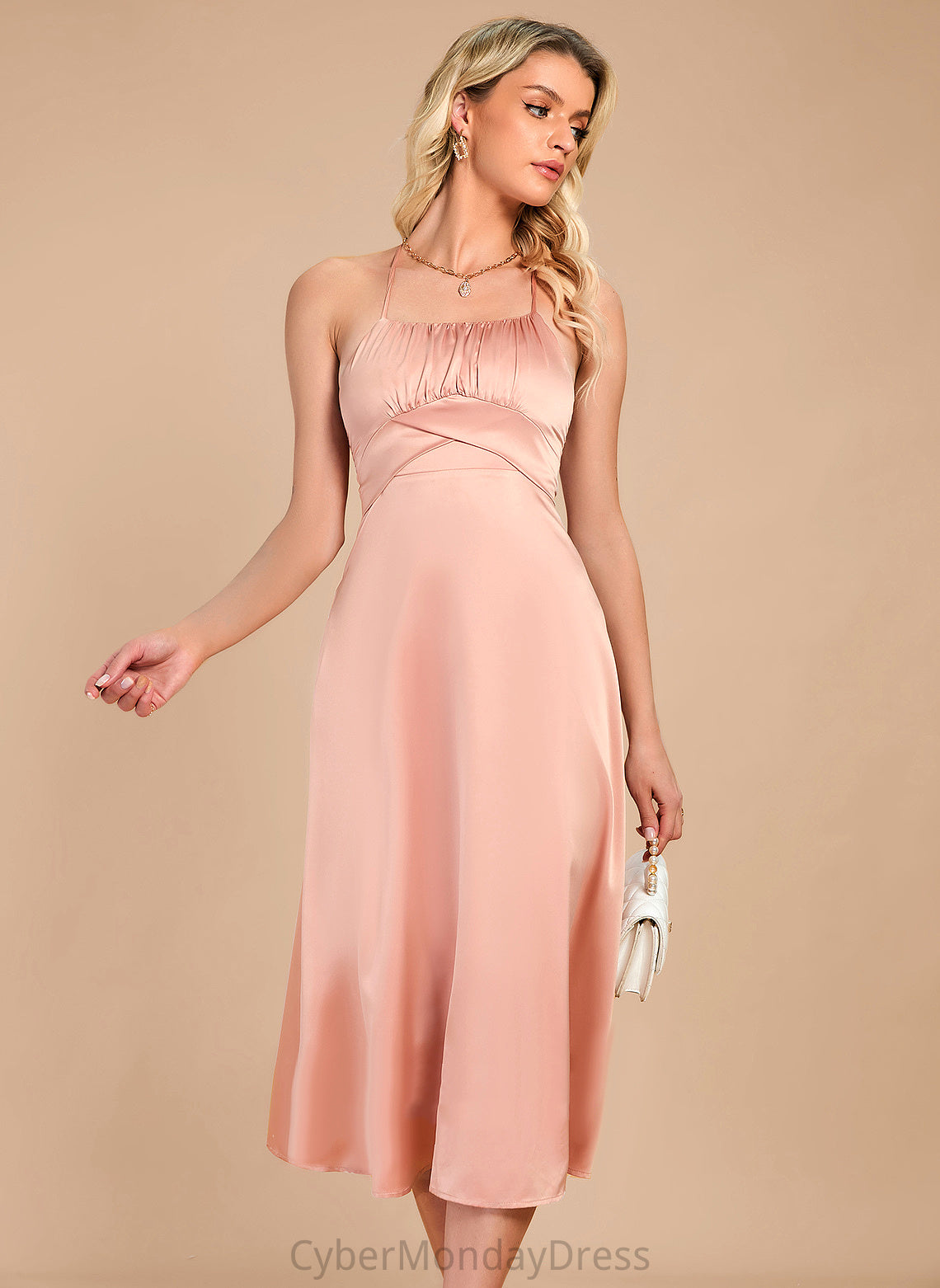 Elegant Satin Neck Round Sleeveless Club Dresses Midi A-line Tianna Dresses