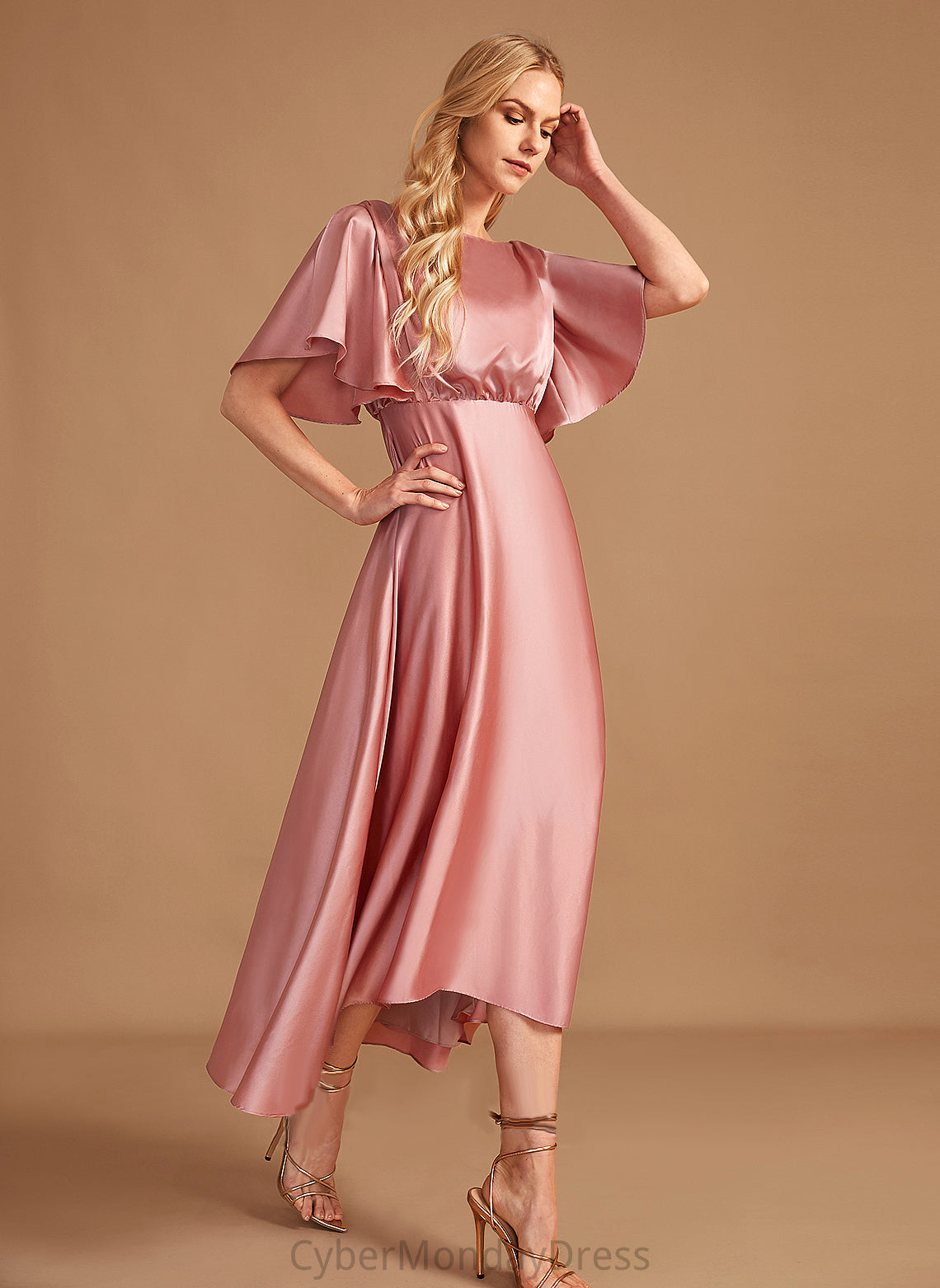 Straps A-Line HighNeck Length Satin Silhouette Neckline Fabric Asymmetrical Yadira A-Line/Princess Sleeveless Bridesmaid Dresses