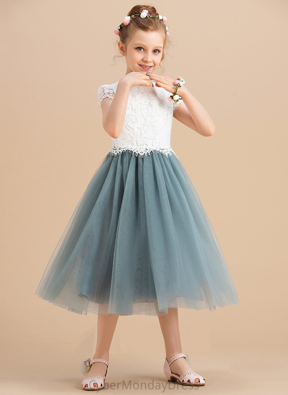 A-Line Tulle/Lace - Neck Tea-length Flower Kaliyah Girl Sleeveless Flower Girl Dresses Scoop Dress