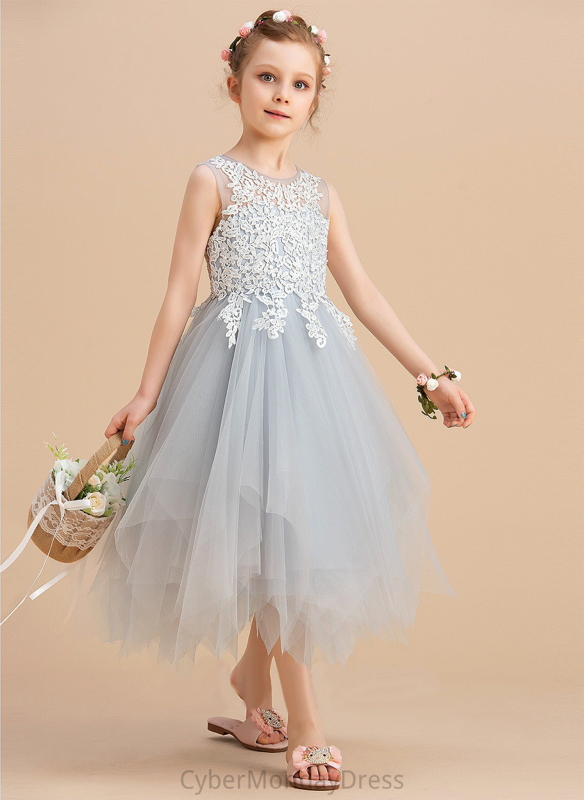 Neck Girl Flower Girl Dresses - Flower Sleeveless Scoop Tulle/Lace Dress Averie A-Line Tea-length