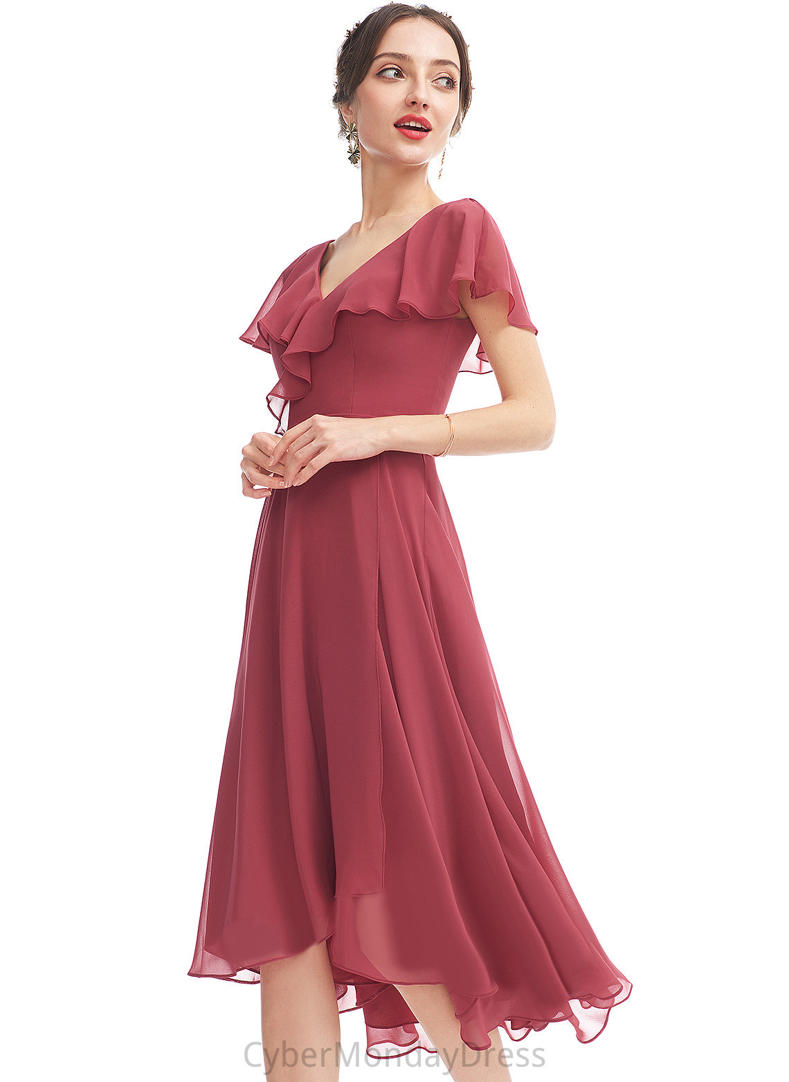 Fabric A-Line Ruffle V-neck Neckline Embellishment Length Silhouette Asymmetrical Tia Natural Waist A-Line/Princess Bridesmaid Dresses