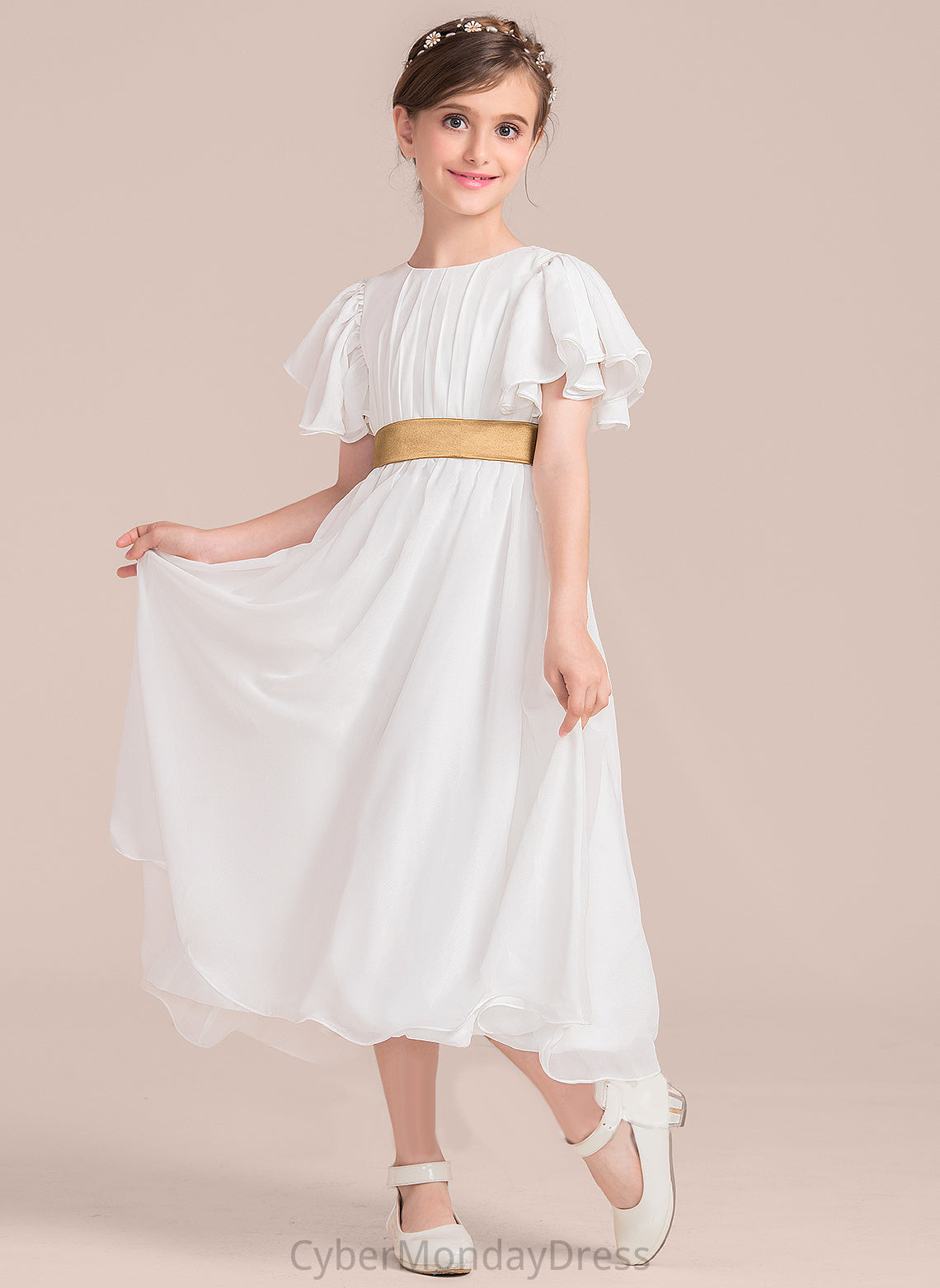 - Sleeves Chiffon/Charmeuse Neck Flower Flower Girl Dresses A-Line Girl Scoop Short Tea-length Dress Perla Sash With