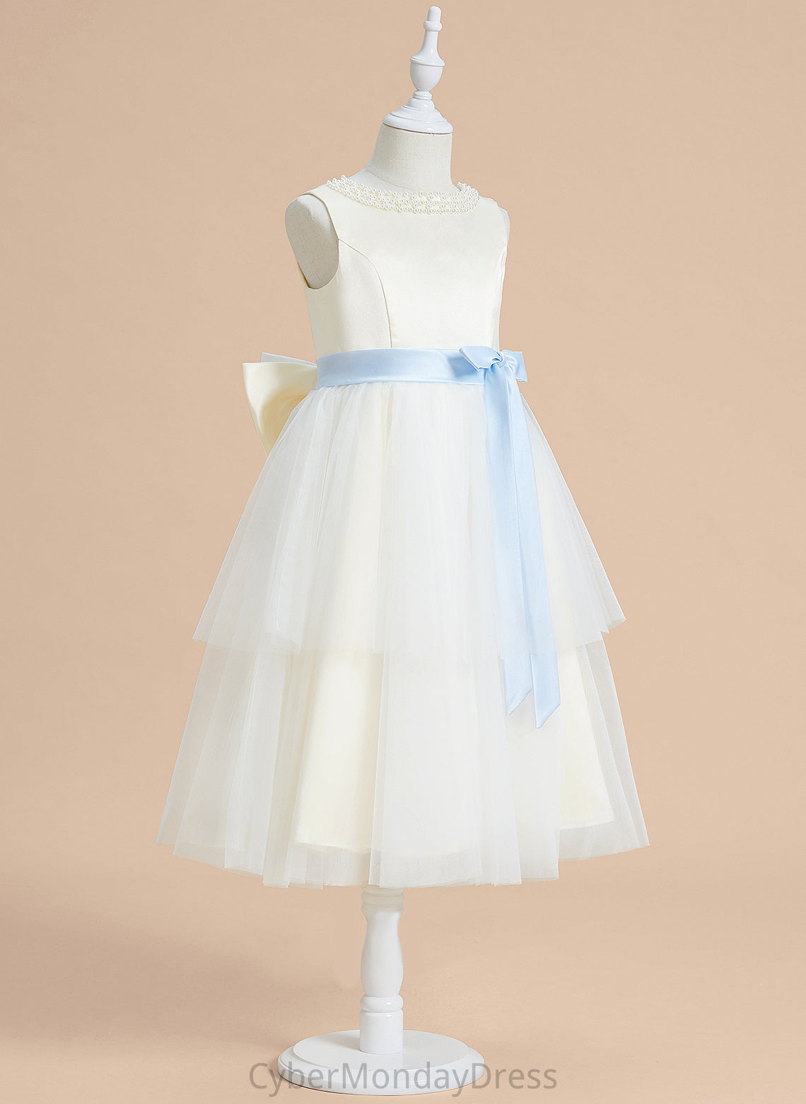 Satin/Tulle Scoop A-Line Sleeveless Dress Tea-length - Sash/Beading/Bow(s) Girl Flower Flower Girl Dresses Neck Mildred With