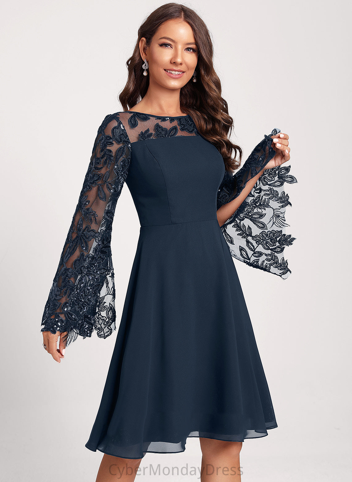 Dress Club Dresses Cocktail Chiffon Lace Scoop With Gina Sequins Knee-Length A-Line Neck