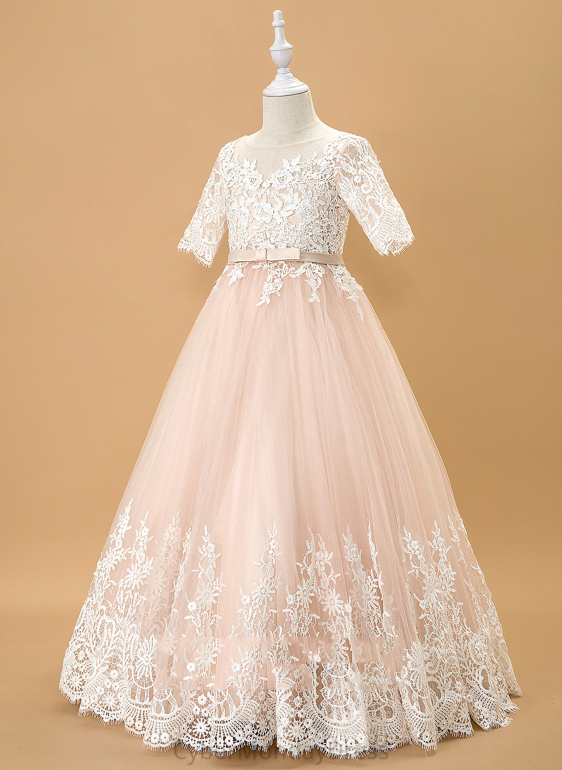 Floor-length Sleeves Neck With Bow(s) Ball-Gown/Princess Una 1/2 Dress Flower - Tulle/Lace Girl Flower Girl Dresses Scoop