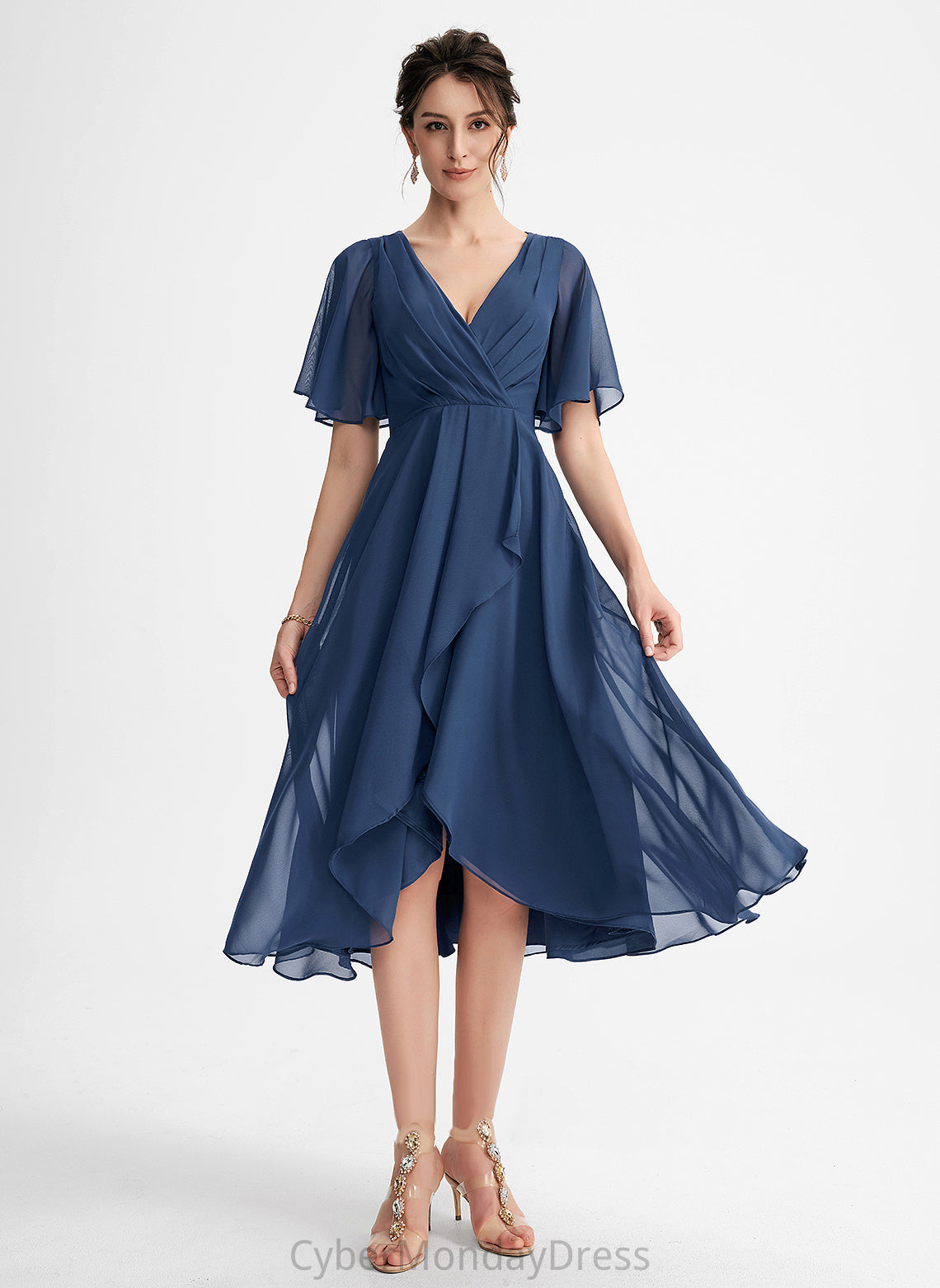A-Line Chiffon With Cocktail Dresses Cocktail V-neck Ruffle Asymmetrical Rebecca Dress