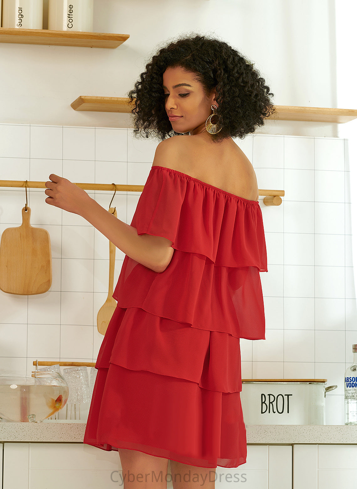Kayley Cocktail Short/Mini Cocktail Dresses Ruffle Chiffon Off-the-Shoulder With Dress