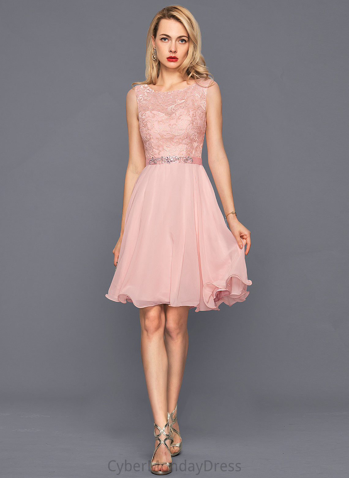 Neck Beading Giovanna Dress Cocktail Dresses Chiffon Scoop Knee-Length Lace With Charmeuse Cocktail A-Line Sequins