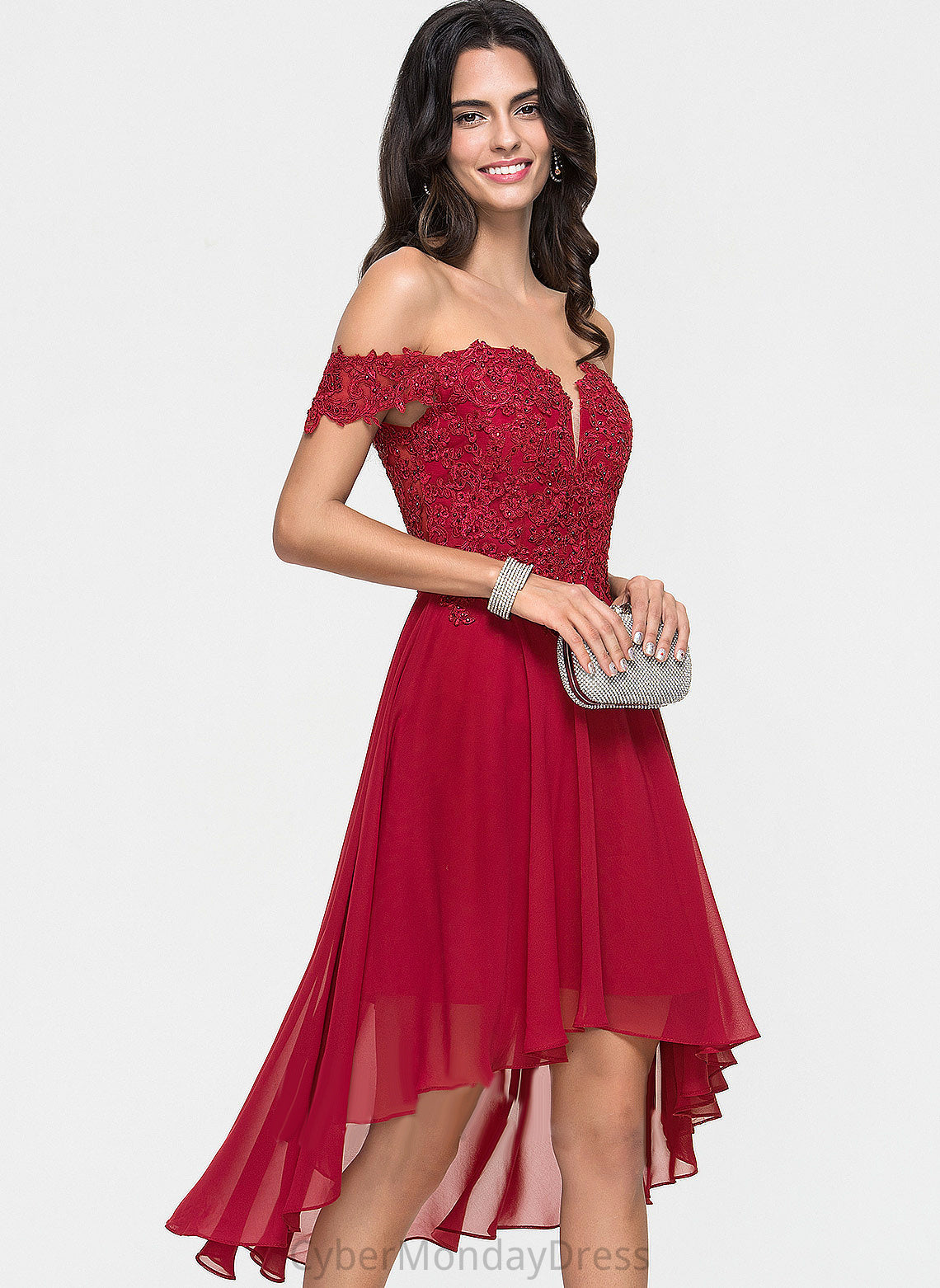 Cocktail Asymmetrical Lace With Off-the-Shoulder Cocktail Dresses Joy Beading Chiffon Dress A-Line