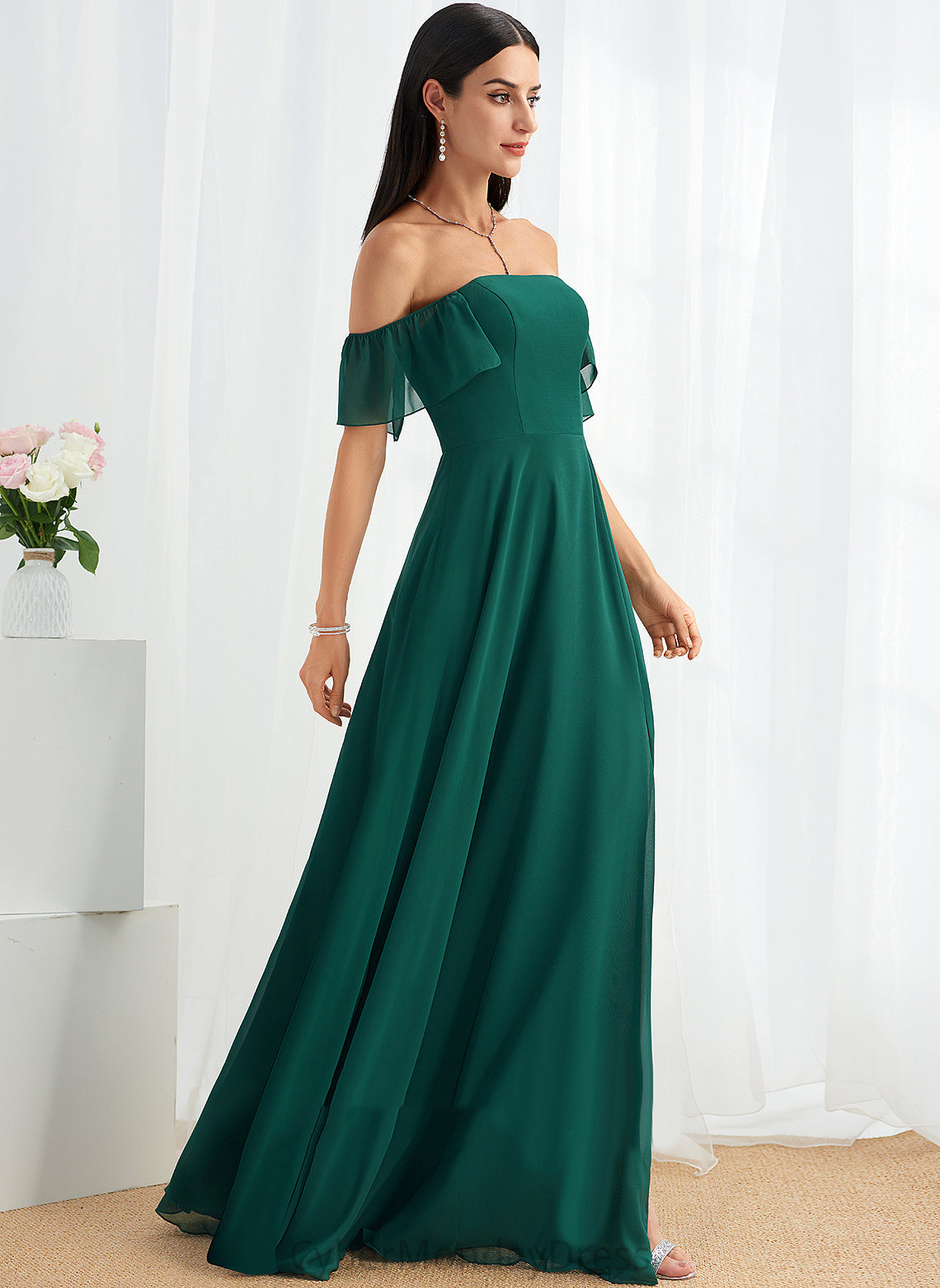 SplitFront Silhouette Embellishment Fabric Length Neckline Floor-Length Off-the-Shoulder A-Line Myah Scoop Floor Length Bridesmaid Dresses