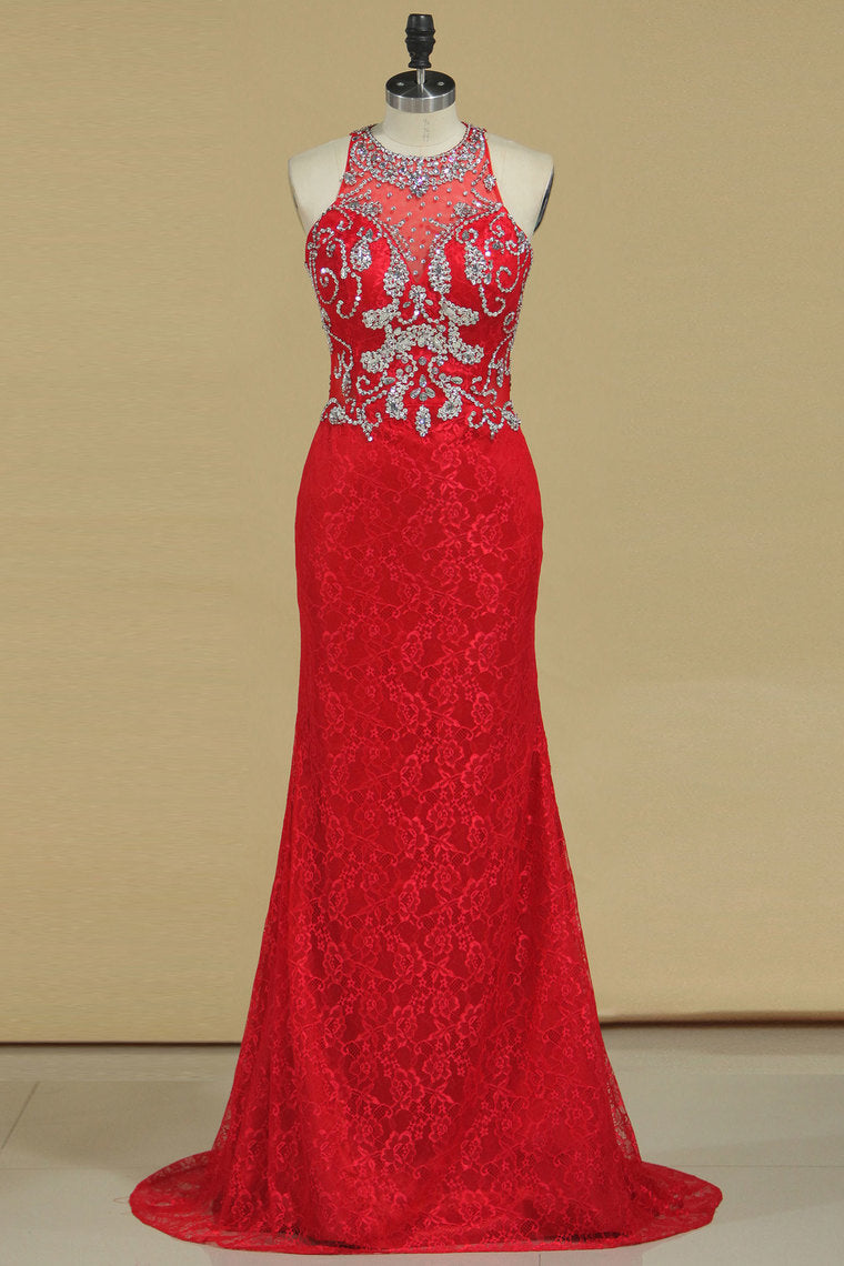 2022 Prom Dresses Mermaid Scoop Lace With Beading Sweep Train