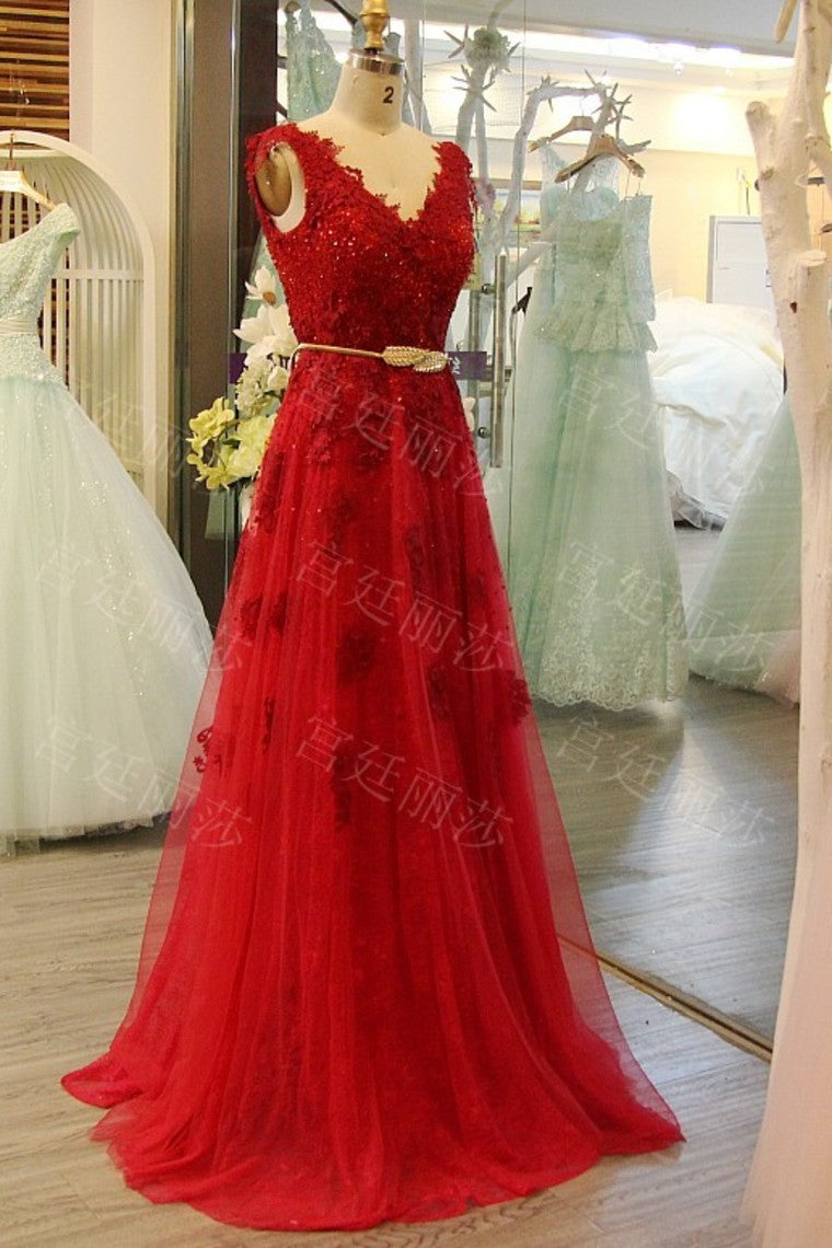Red Prom Dresses V-Neck Tulle Floor-Length With Sash