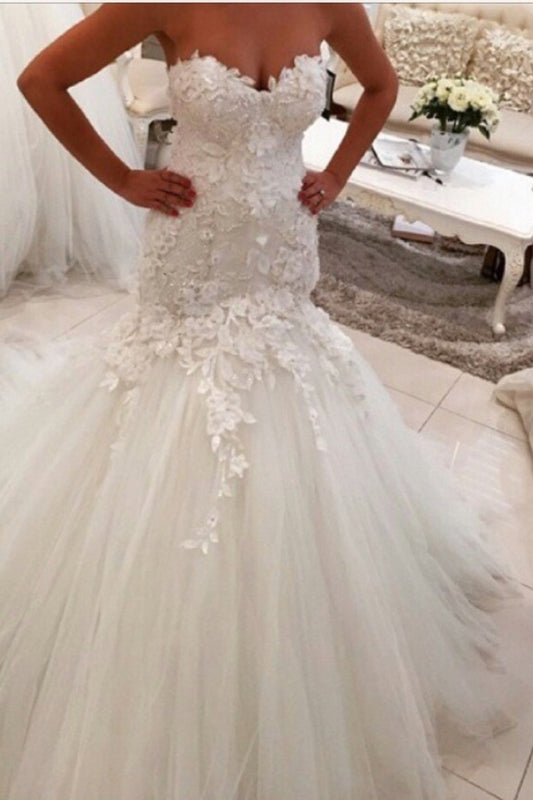 2022 Sweetheart Wedding Dresses Tulle Mermaid/Trumpet With Applique