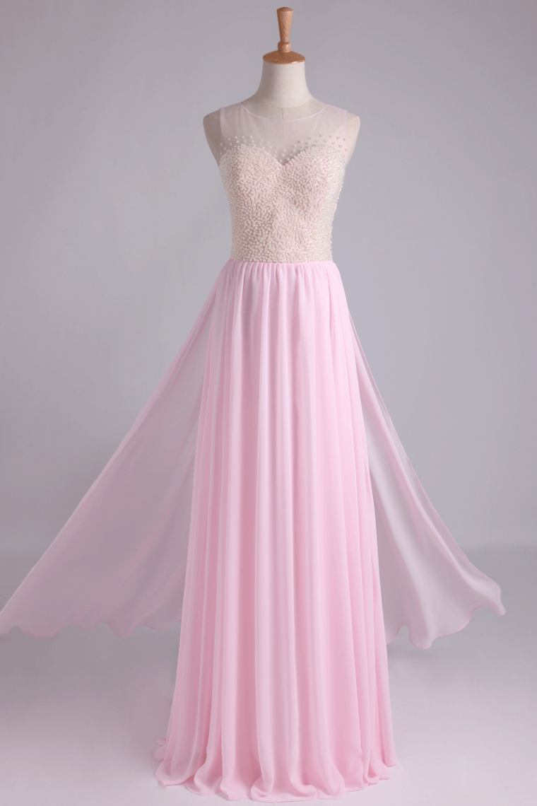 2022 High Neck Beaded Bodice A Line With Layered Flowing Chiffon Skirt Floor Length