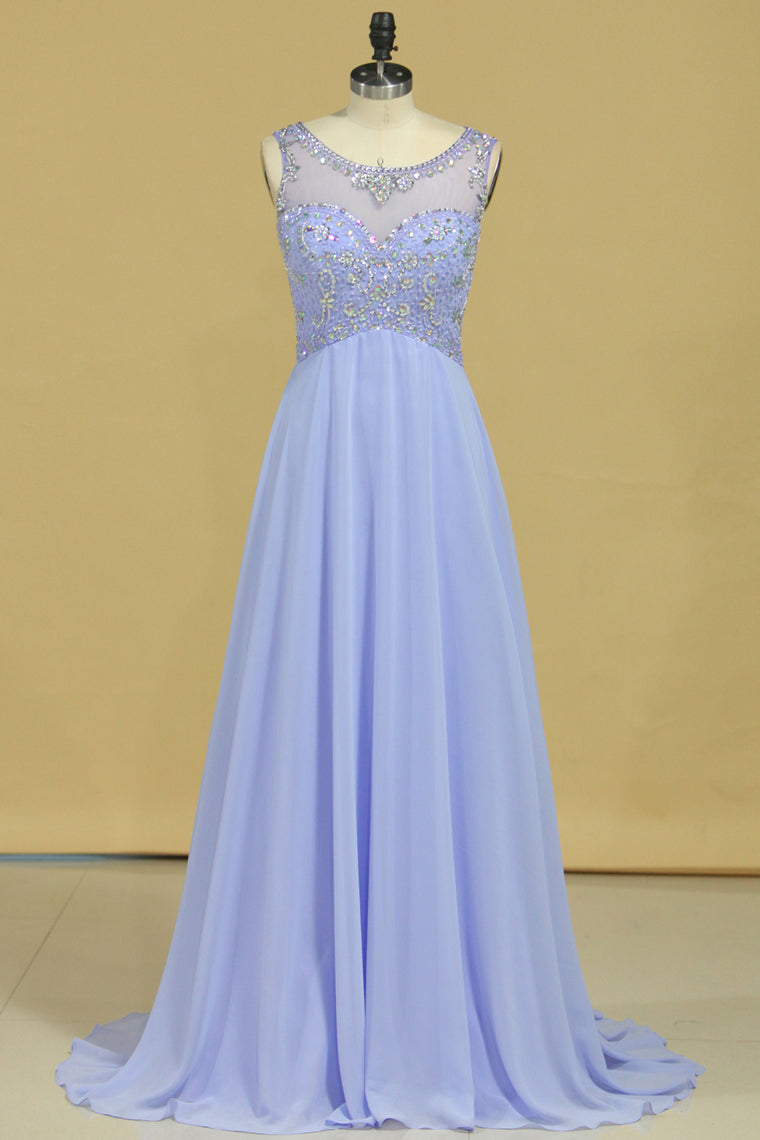 2022 Beautiful Scoop A Line Prom Dresses With Beading Floor Length Chiffon Size 8