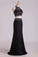 2024 Black Halter Two-Piece Beaded Bodice Mermaid Open Back Prom Dresses Spandex & Tulle Floor Length