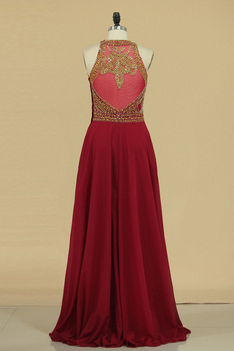2022 Prom Dresses Scoop A Line Chiffon With Beads Floor Length