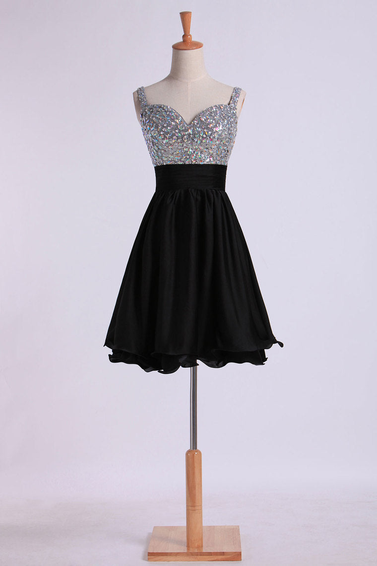 2024 Prom Dresses Straps A Line Short/Mini Beaded Bodice With Pleated Waistband Chiffon