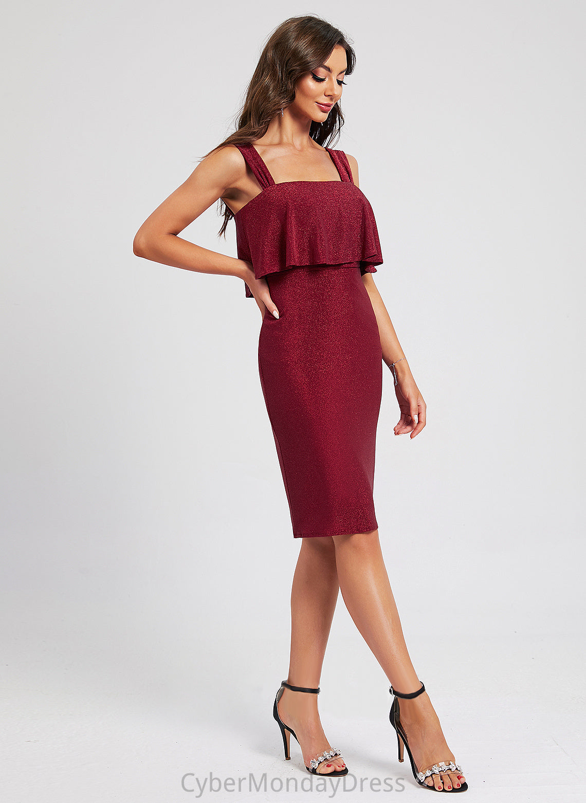 Cocktail Dresses With Knee-Length Sheath/Column Cocktail Polyester Lesly Ruffle Neckline Square Dress