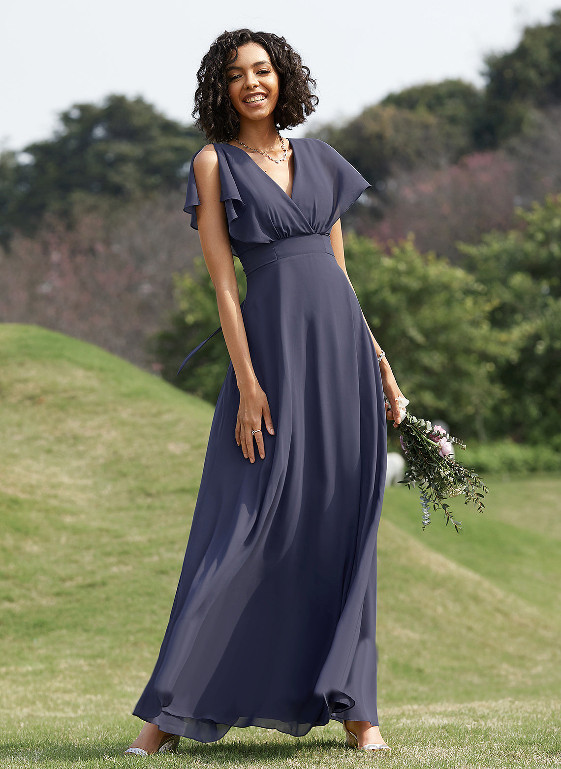 Floor-Length V-neck Neckline Fabric Straps Length A-Line Silhouette Ella Bridesmaid Dresses