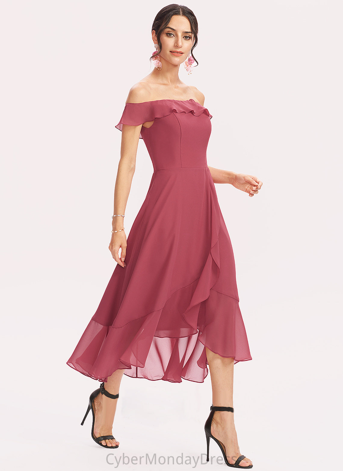 Chiffon Gia Cocktail Dresses Tea-Length Dress Cascading Ruffles A-Line Off-the-Shoulder With Cocktail